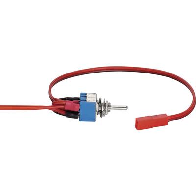 A toggle switch with a blue casing, connected with red and black cables, terminating in a red plug.