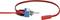 A toggle switch with a blue casing, connected with red and black cables, terminating in a red plug.