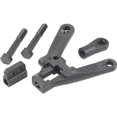 A black mechanical component set consisting of two screws, a clamp, and two connecting parts, on a neutral background.