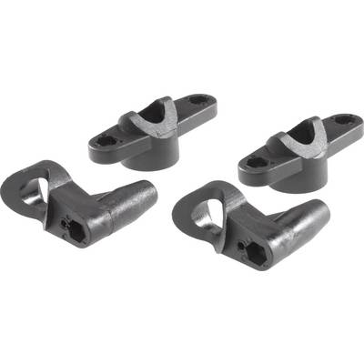 Four black plastic components with drill holes and mounting tabs, suitable for mechanical or industrial applications.