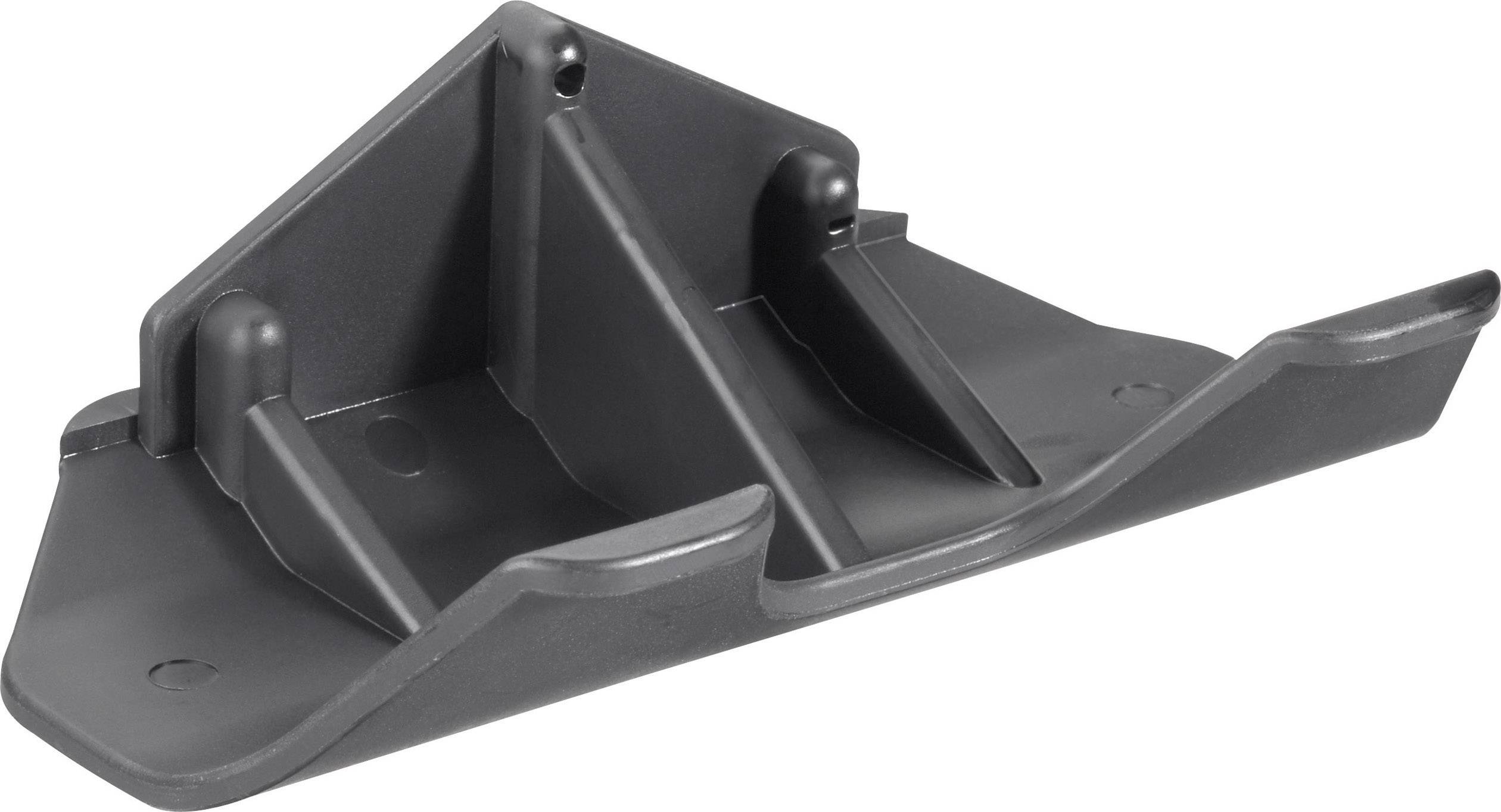 A black plastic component with multiple protrusions and openings. Potentially a functional part for machinery or vehicles.