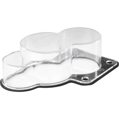 Clear plastic container with a black base and rounded forms, suitable for covering or protecting small items.