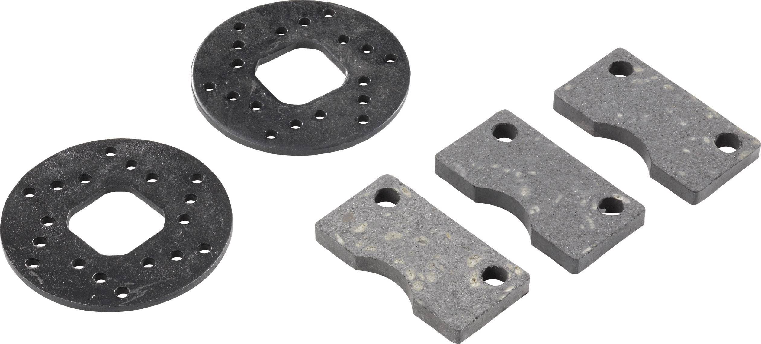 Two black round discs with holes and three rectangular grey metal parts, each with two holes, on a white background.