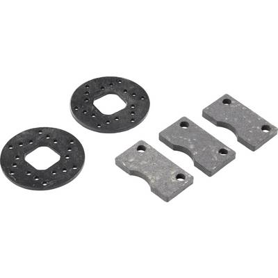 Two black round discs with holes and three rectangular grey metal parts, each with two holes, on a white background.