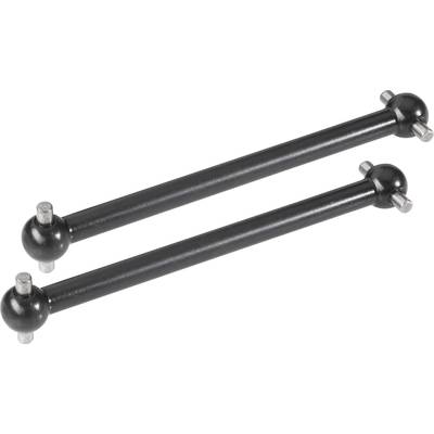 Two black metal axles with spherical ends and side pins, possibly components for remote-controlled vehicles.