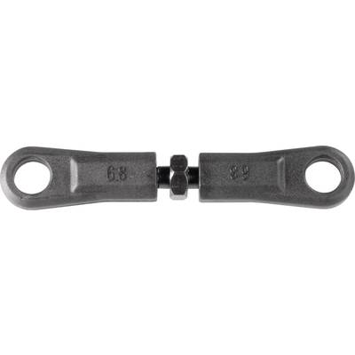 Metal hinge with pivot joint, dark grey colour, with through holes on left and right, central connecting bolt visible.