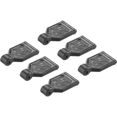 Six black, rectangular plastic parts with a rounded side and hole, presumably components or accessories.