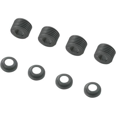 Four black screw caps and four black washers on a white background.