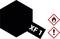 'Black hexagon with white text XF 1, alongside hazard symbols for flammability and general warning.'
