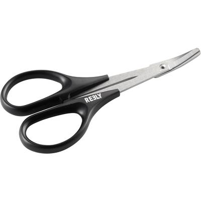 A black pair of scissors with rounded handles and a sharp, gleaming blade is resting on a white surface.