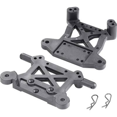 Two black plastic parts with diamond-shaped cut-outs, possibly components of a model or toy vehicle. Alongside them, two metal clips.