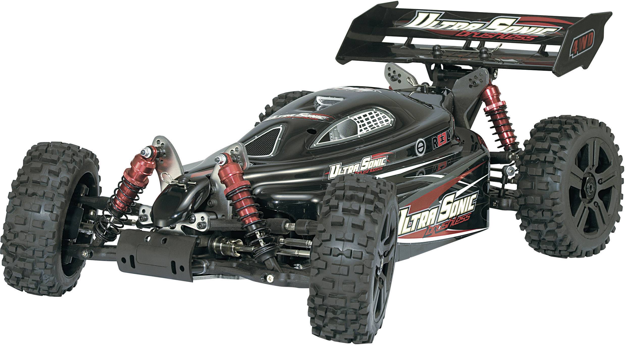 A black remote-controlled car with red shock absorbers on each side and the lettering 'Ultra-Sonic' on the bodywork.