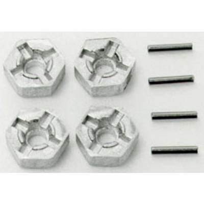 Four silver wheel hubs with a single hole in the centre and lateral indentations, alongside four cylindrical metal pins.