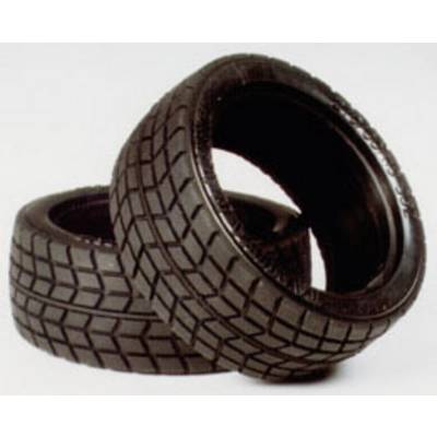 Two black car tyres with tread patterns are layered on top of each other on a light background.