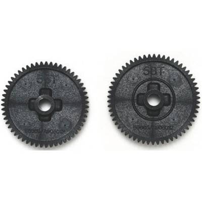 Two black gears with '58T' inscription, lying side by side. They have a central opening and are identically designed.