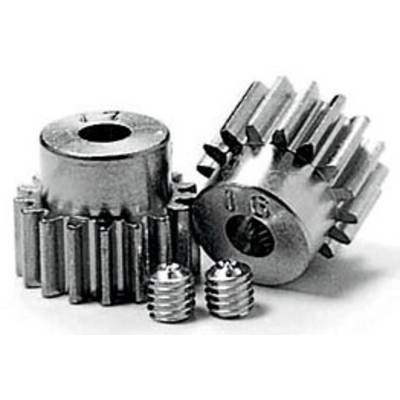 Two metal gear wheels and two small screws on a flat surface, strong industrial design, placed side by side.