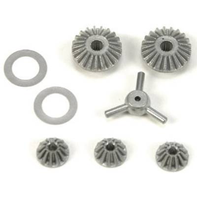Gear set consisting of four bevel gears, two discs, and a connecting piece, arranged on a white background.