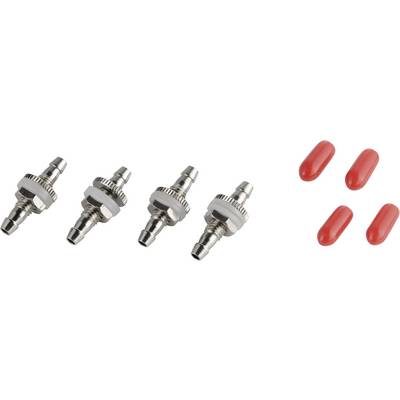 Four metallic hose nozzles on the left and four red capsules on the right against a white background.