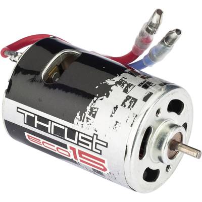 A black electric motor with the inscription 'THRUST eco15' and visible red and blue connecting cables.