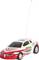 A small, remote-controlled toy car in red and white with a long aerial.