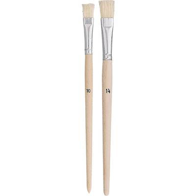 Two flat-bound paintbrushes with wooden handles side by side. The left brush is size 10, the right brush size 14.