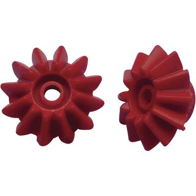 Two red, star-shaped plastic parts with a central hole, presumably components or a toy.