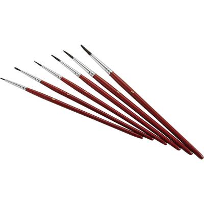 Six red art brushes with black tips in various sizes are lined up side by side on a white background.