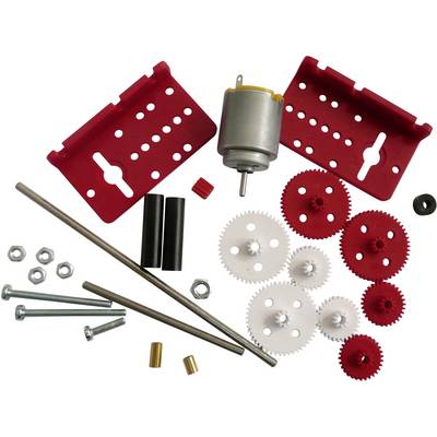 Various parts of a gear construction kit, including gears, screws, rods, brackets, and a small electric motor.