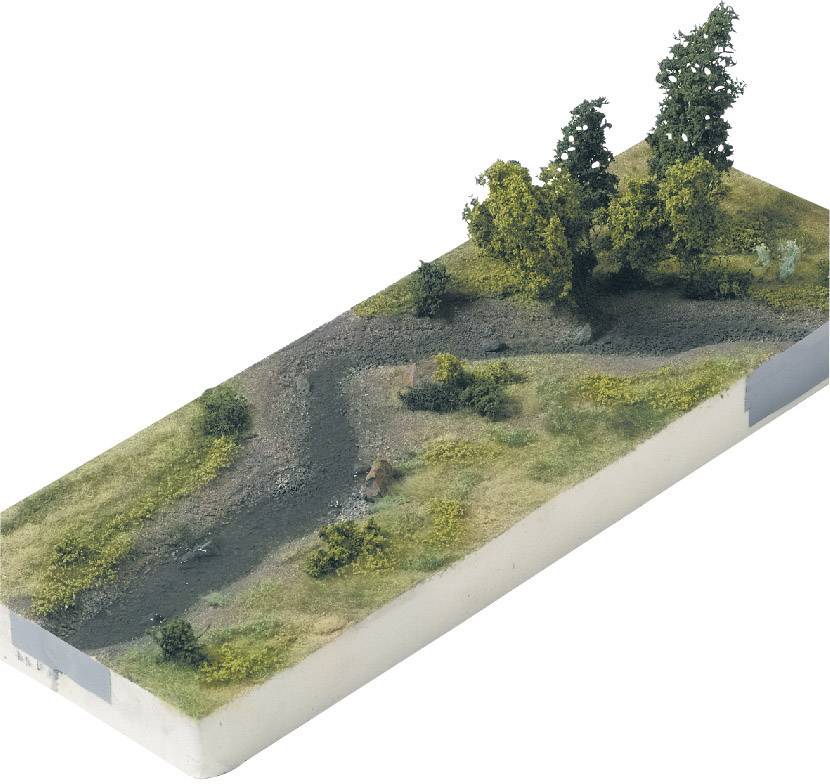Miniature model of a landscape section with a river, trees, and grass. The river meanders from the foreground to the background through the scene.