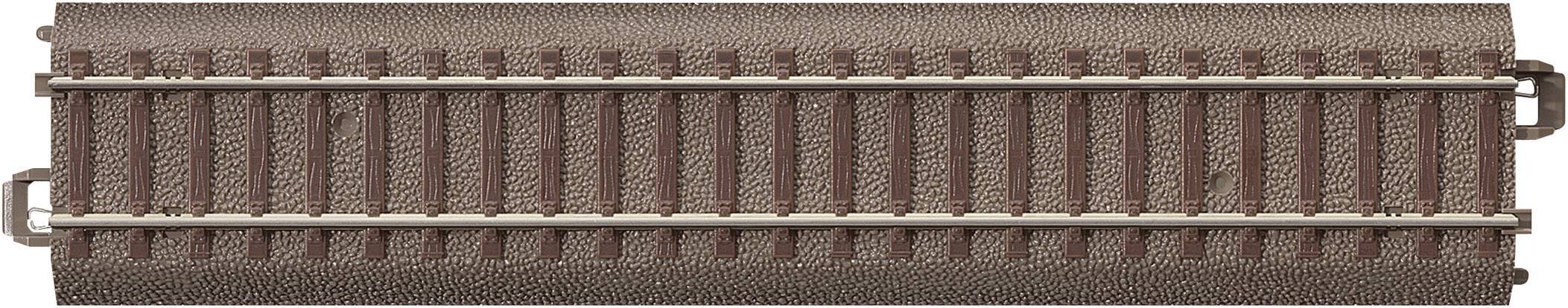 A straight model railway track section with brown rails and sleepers, used for H0 scale model railway layouts.