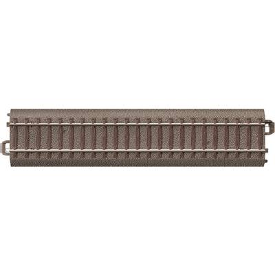 Track section for model railway with brown gravel ballast and two parallel rails.