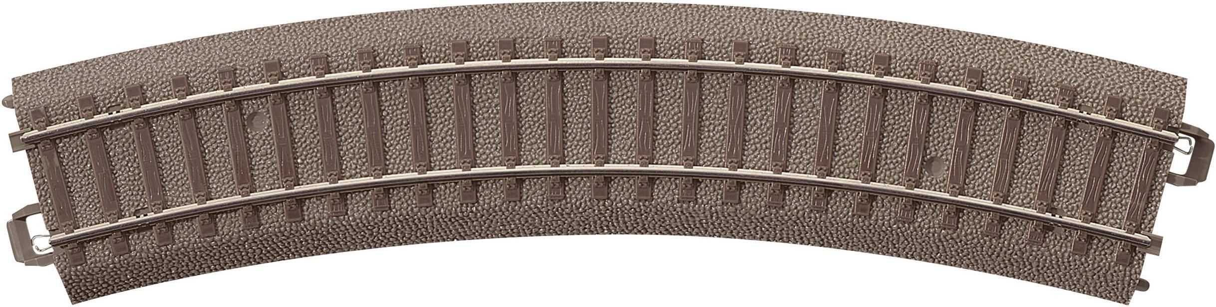 Curved model railway track in brown, with visible sleepers and rails. Suitable for model railway layouts.