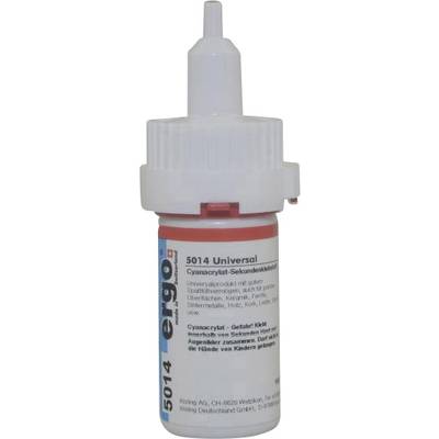 A white adhesive with a red cap 'ergo 5014'. Universal cyanoacrylate instant adhesive. Warning: Avoid skin contact, keep out of reach of children.
