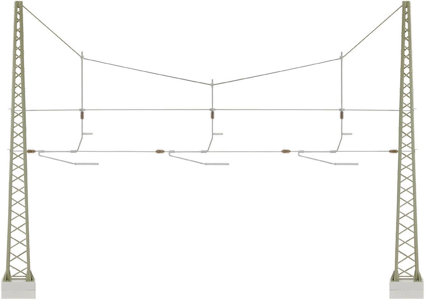 Model railway overhead line with two metal poles and a network of wires stretched, used to represent electric trains.