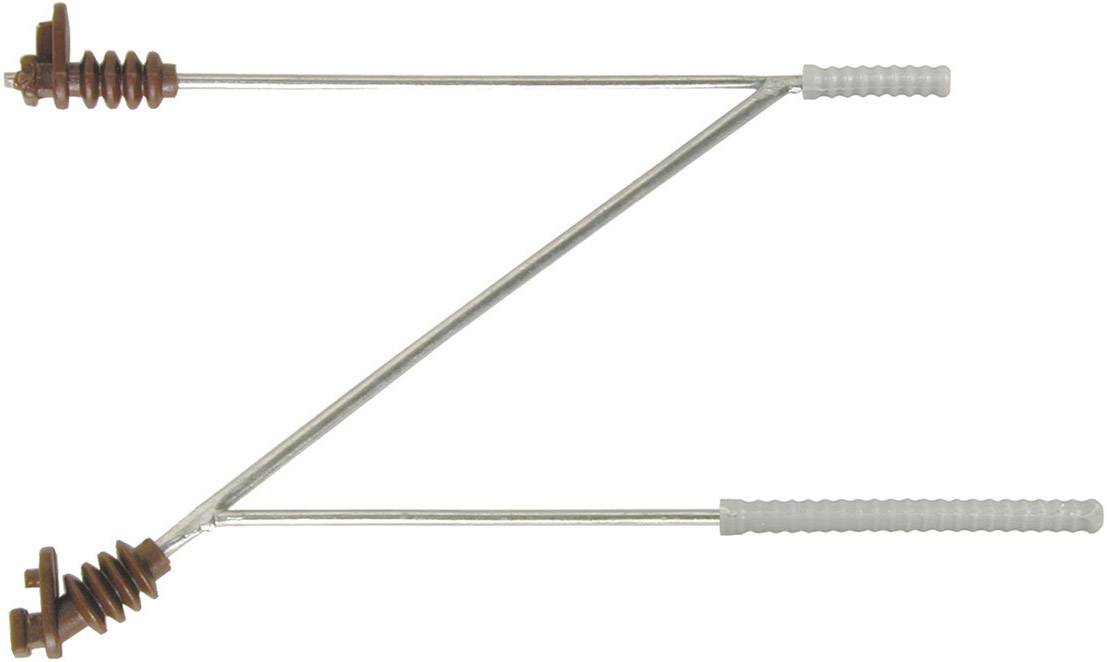 Two parallel metal rods with screw-tipped ends and knurled handles, connected by Z-shaped rubber bands.