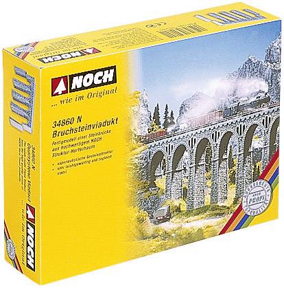 Packaging of a model kit 'Stone Arch Viaduct' by Noch, depicting a train on a viaduct in a mountainous landscape.