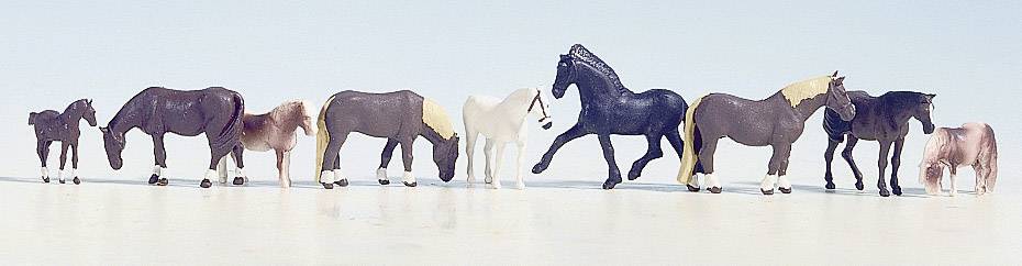 Eight horse figurines in a row on a light background, from left to right: brown, dark brown, beige, white, black, dark brown, beige, pink. Relaxed arrangement.