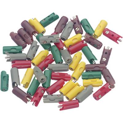 Scattered colourful plugs, consisting of red, yellow, green, grey, and red casings, on a white background.