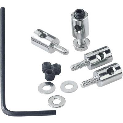 A set of metal connectors with screws, washers, rubber seals, and an Allen key for assemblies.