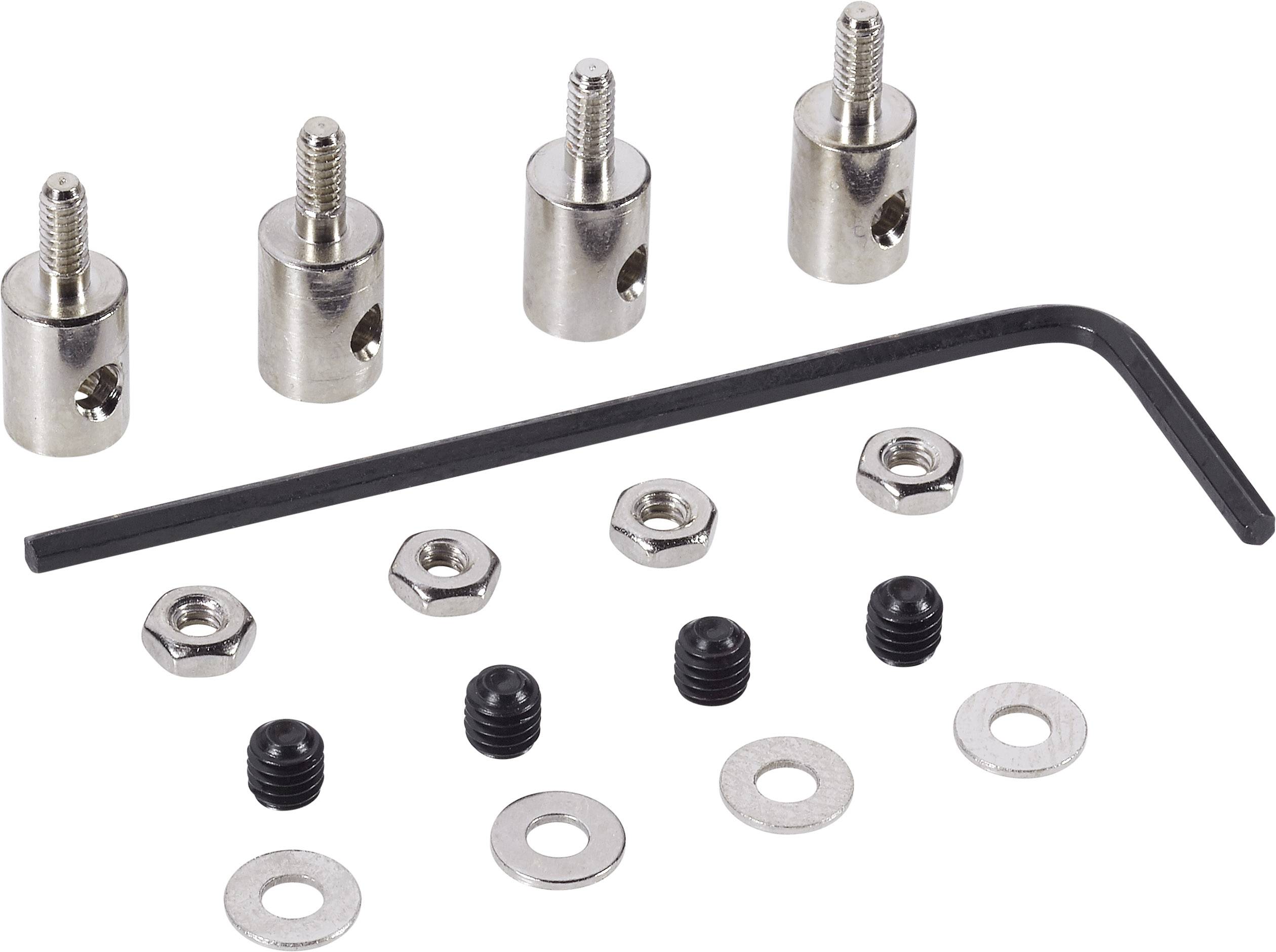 A set of screws and nuts with an Allen key, consisting of four spacer sleeves, four nuts, four screws, and washers.