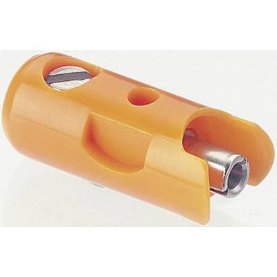 An orange pencil sharpener with a metal blade, lying on a white surface.