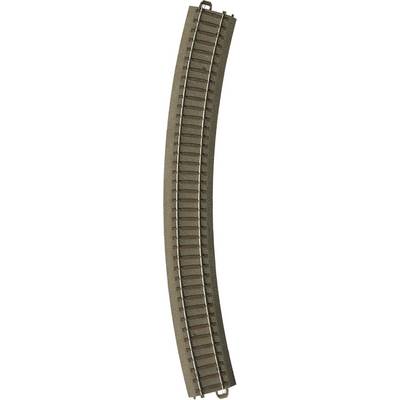 Curved model railway track with brown gravel ballast and silver rails, suitable for a model railway landscape.