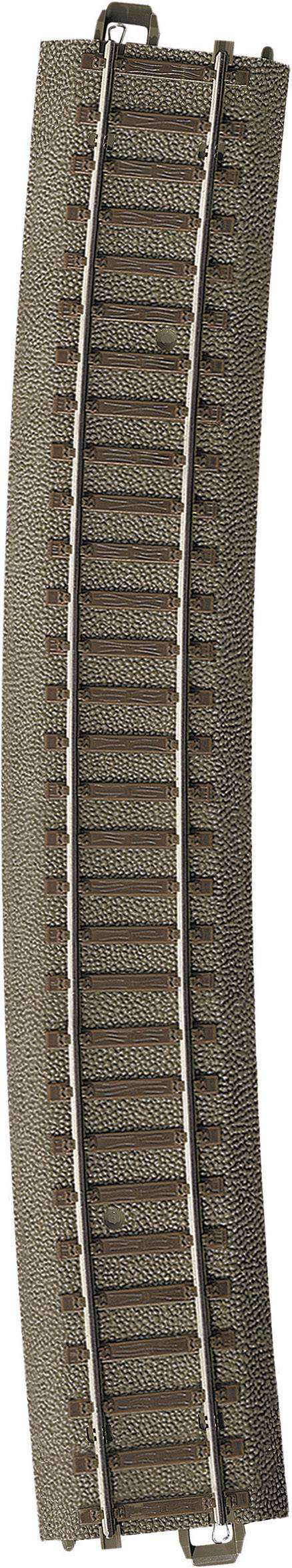 A curved section of track for model railways, brown with silver rails, shows a gentle curve to the left.