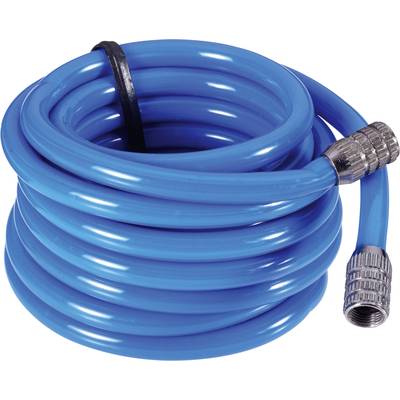 A coiled, blue garden hose with metal fittings.