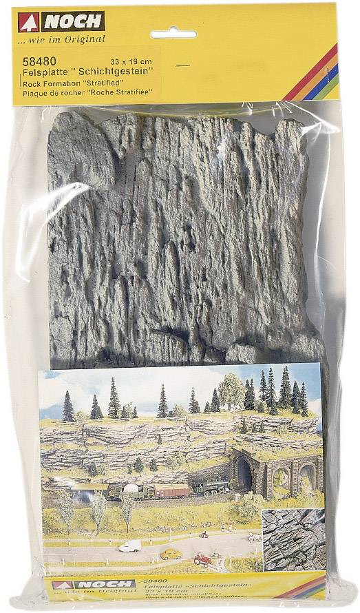 Packaging with rock panel for model building, brand "Noch", shows example scene with railway tunnel and trees.