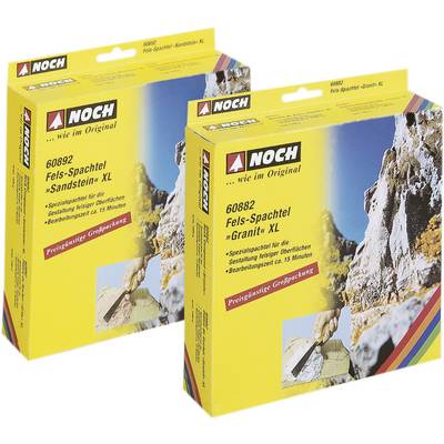 Two packaging units of NOCH Rock Filler in sandstone and granite. Product images show application examples for model-making.