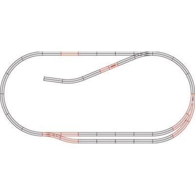 An oval model railway track with an additional loop and several points, shown from a top-down view.
