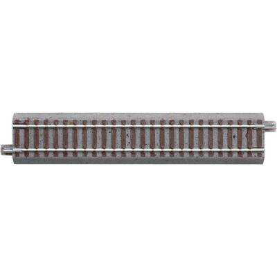 A single model railway track piece showing brown sleepers and silver rails. Suitable for a model railway layout.