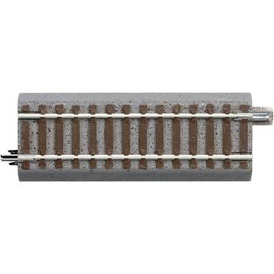 A model railway track section with metal rails and brown sleepers on a grey base. Suitable for model making.