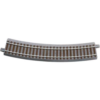 Curved model railway track with brown sleepers and silver rails on a grey background, suitable for a model railway layout.